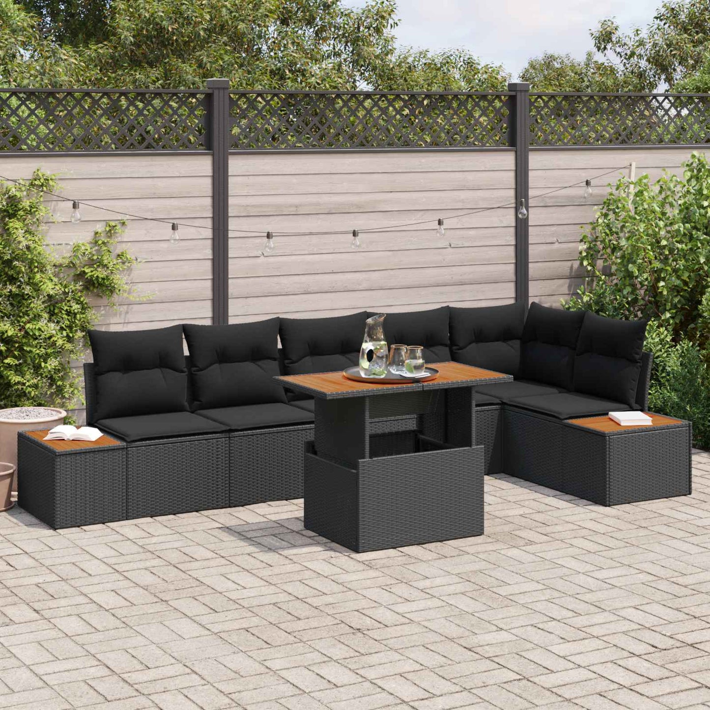 Kerti Kanapé Szett tárolóval 7 pcs Fekete Poli rattan