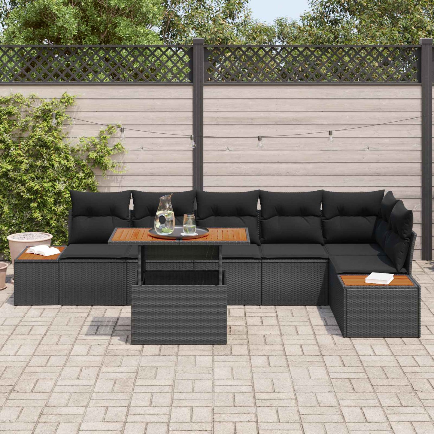 Kerti Kanapé Szett tárolóval 7 pcs Fekete Poli rattan