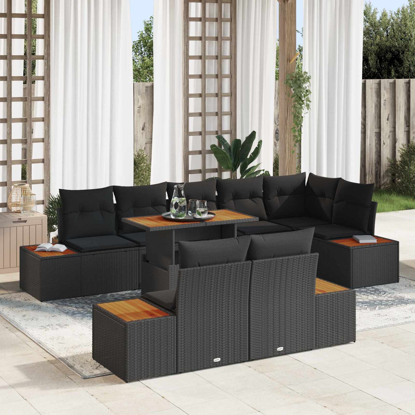 Kerti Kanapé Szett tárolóval 9 pcs Fekete Poli rattan
