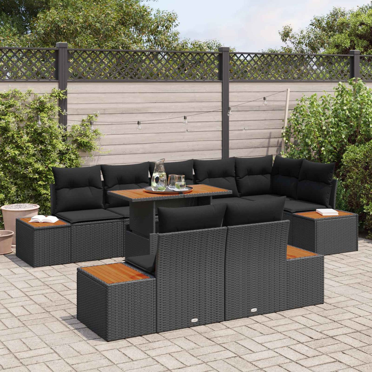Kerti Kanapé Szett tárolóval 9 pcs Fekete Poli rattan