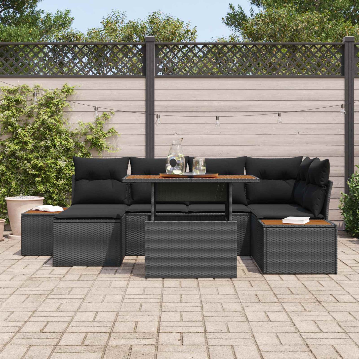Kerti Kanapé Szett tárolóval 7 pcs Fekete Poli rattan