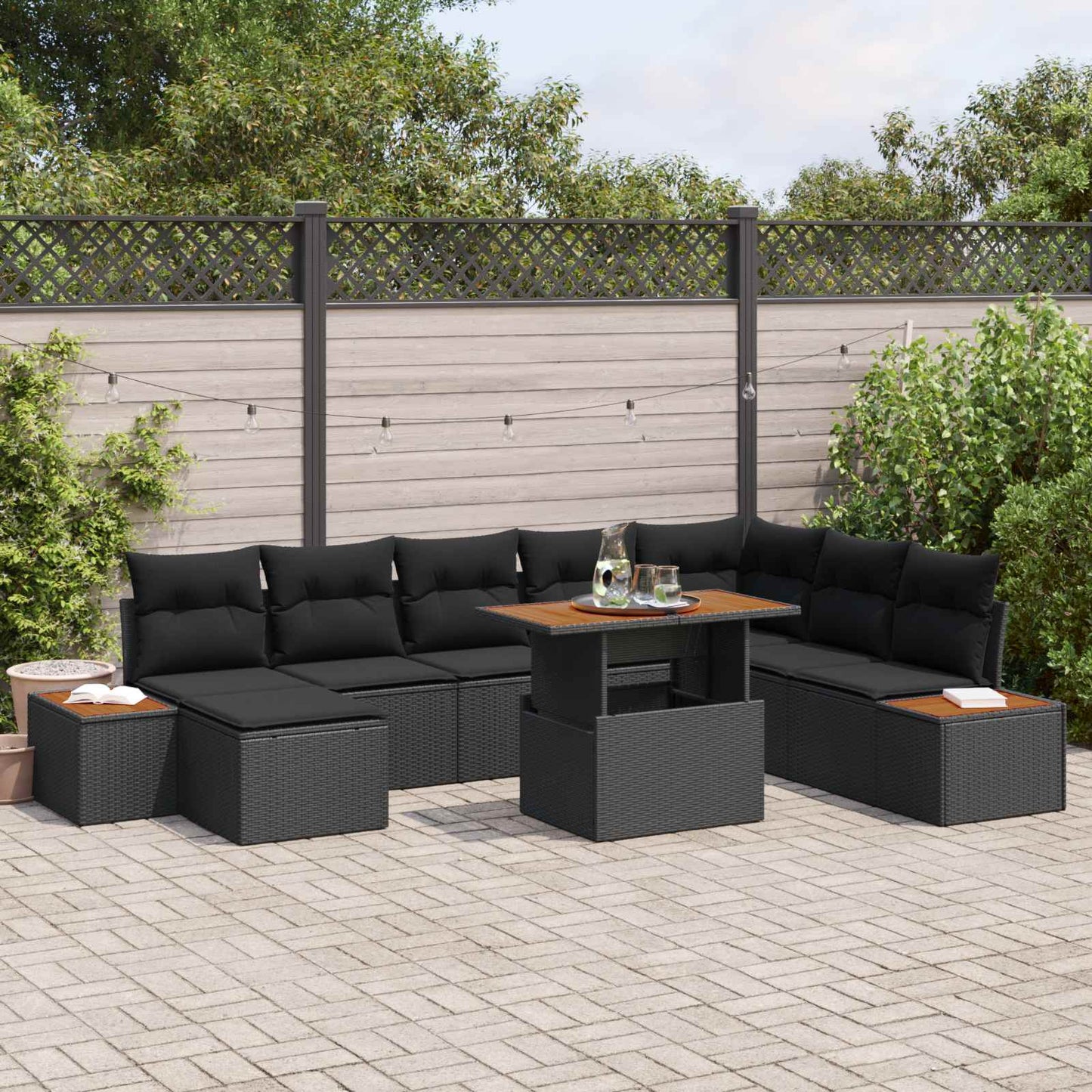 Kerti Kanapé Szett tárolóval 9 pcs Fekete Poli rattan