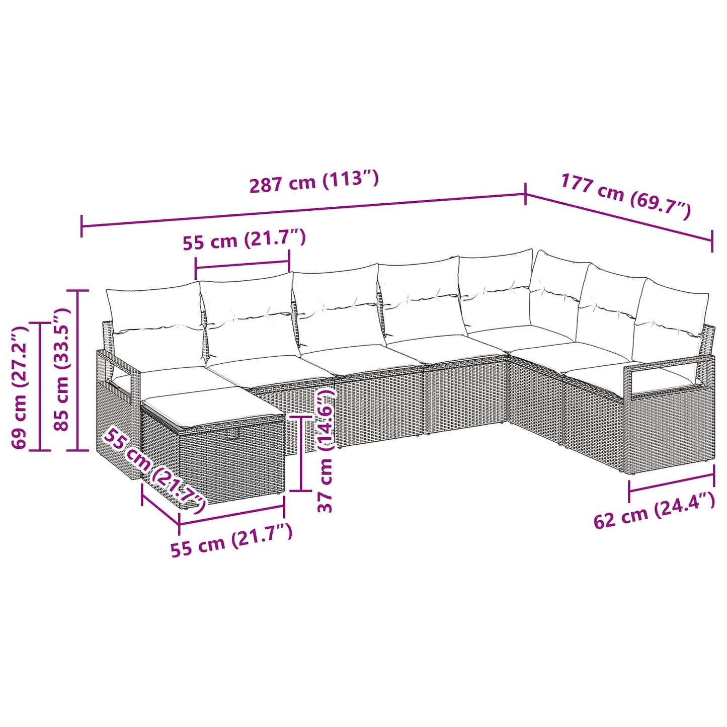 Kanapé Szett párnával tárolóval 8 pcs Barna polirattan