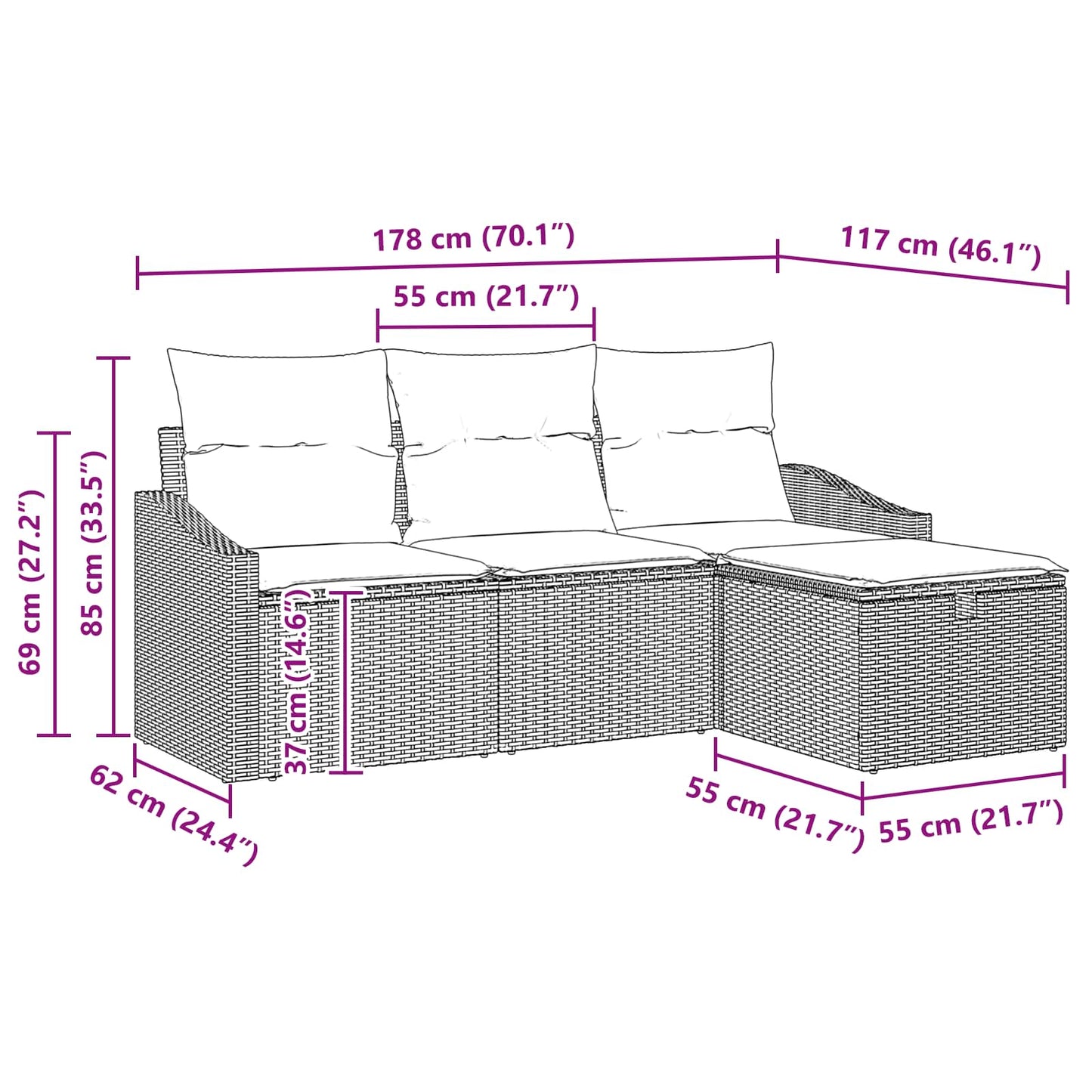 Kanapé Szett párnával tárolóval 4 pcs Fekete Poli rattan