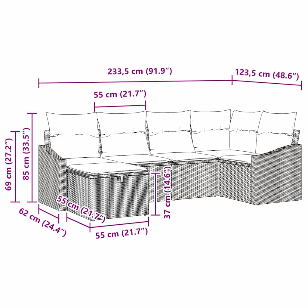 Kanapé Szett 6 db Fekete és Krém polirattan