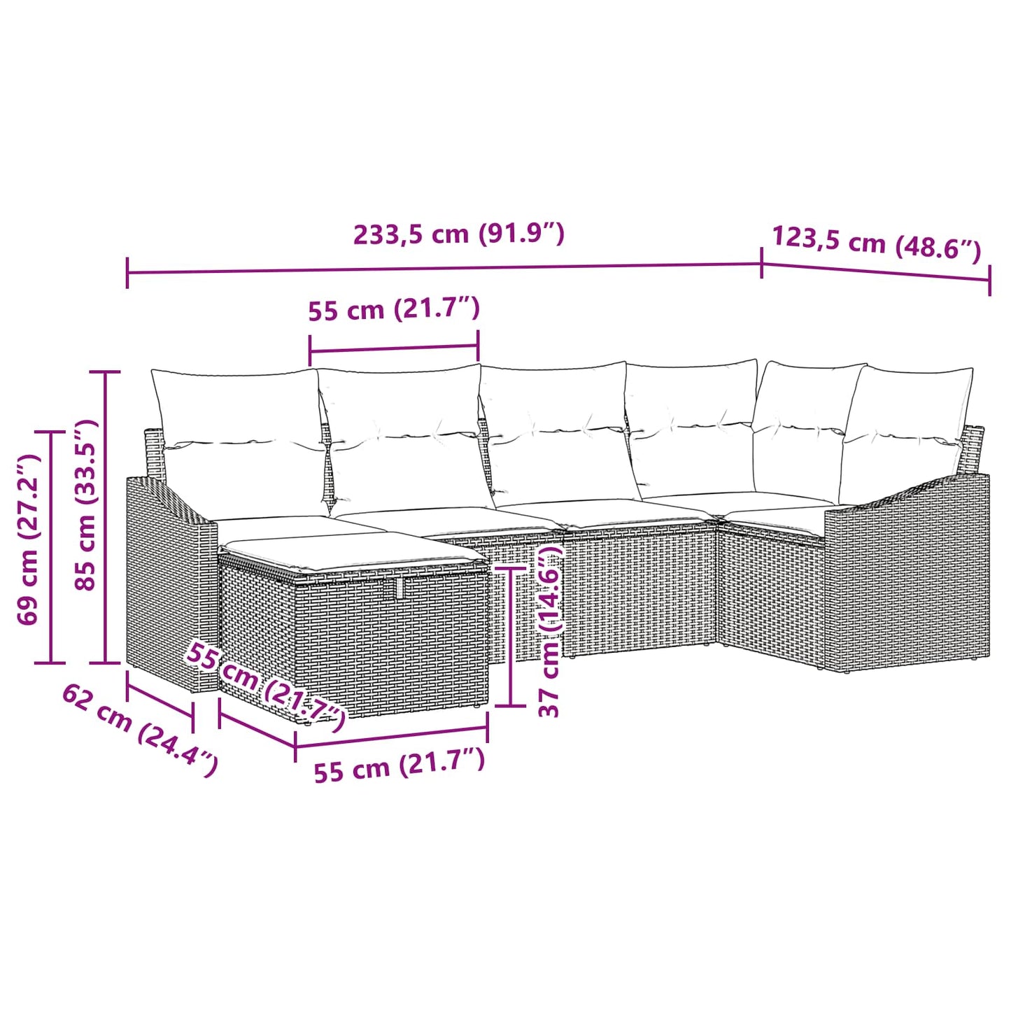 Kanapé Szett párnával tárolóval 6 pcs Fekete polirattan