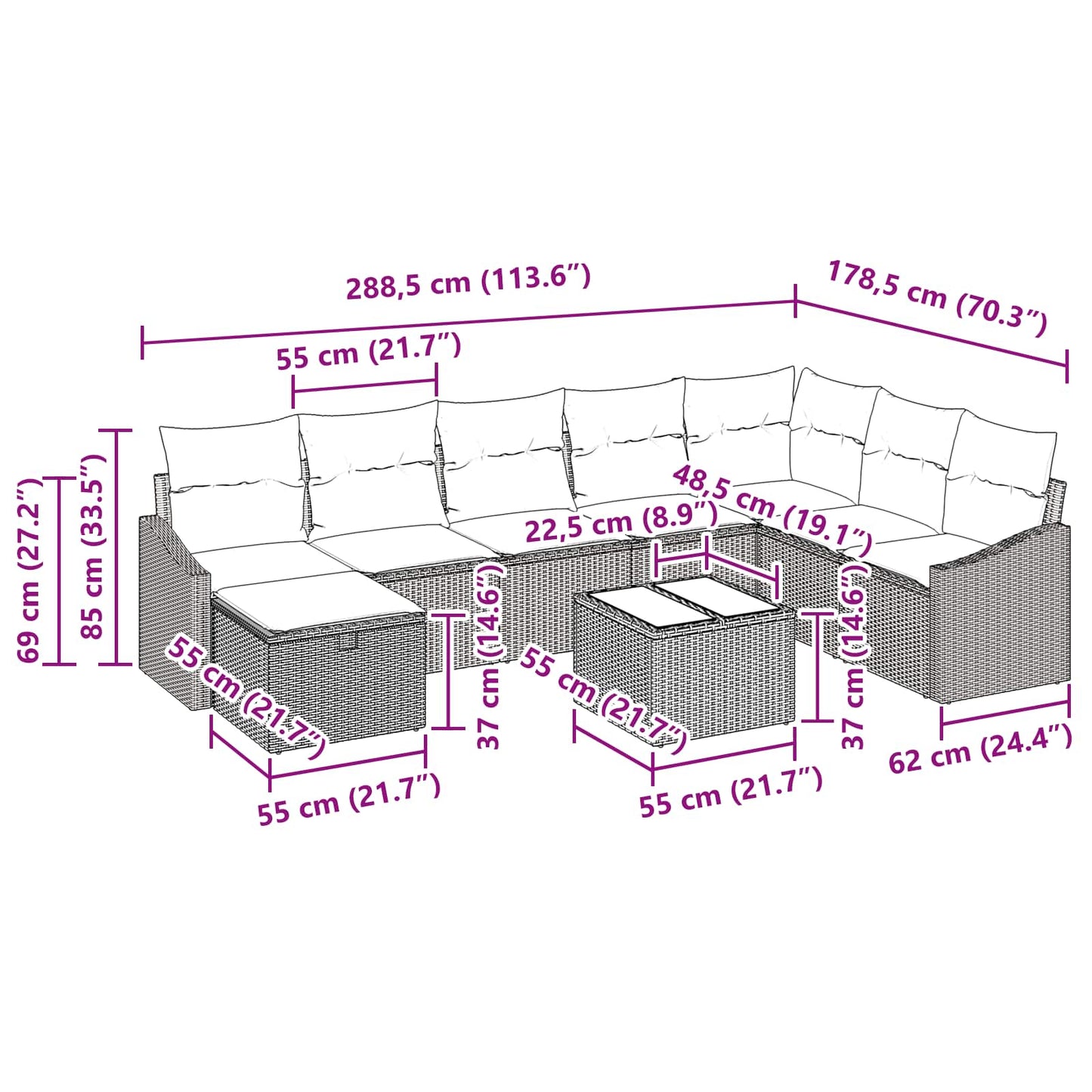 Kerti Kanapé Szett 9 pcs polirattan