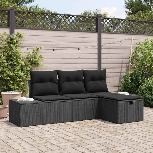 Kerti Kanapé Szett párnával 4 pcs Fekete Poli rattan