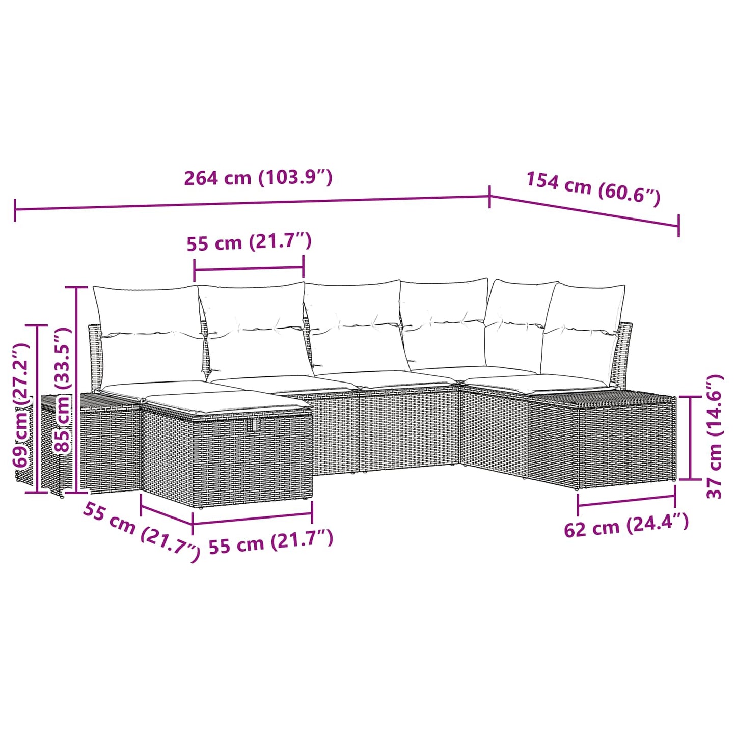 Kerti Kanapé Szett párnával 6 pcs Barna polirattan