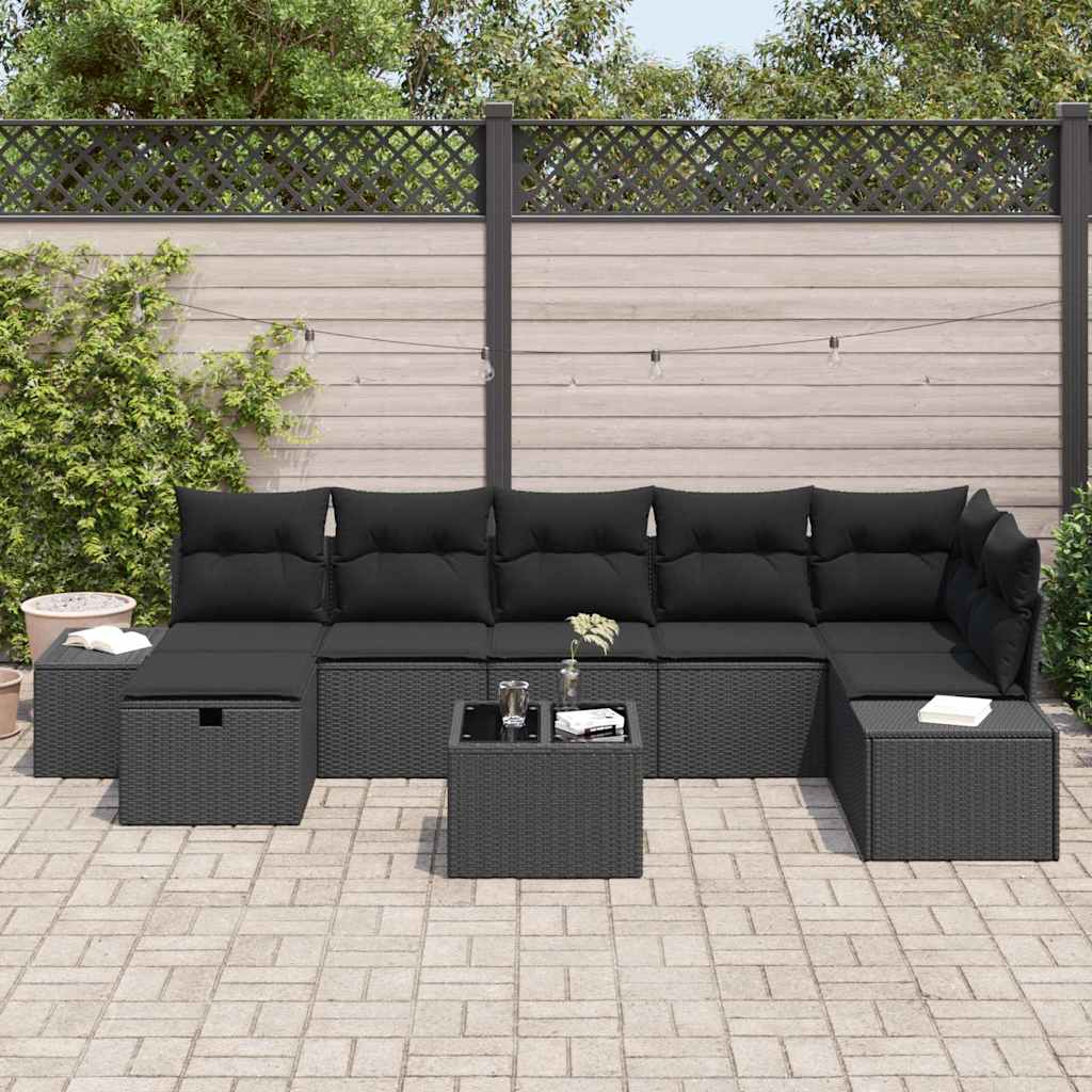 Kerti Kanapé Szett párnával 8 pcs Fekete polirattan
