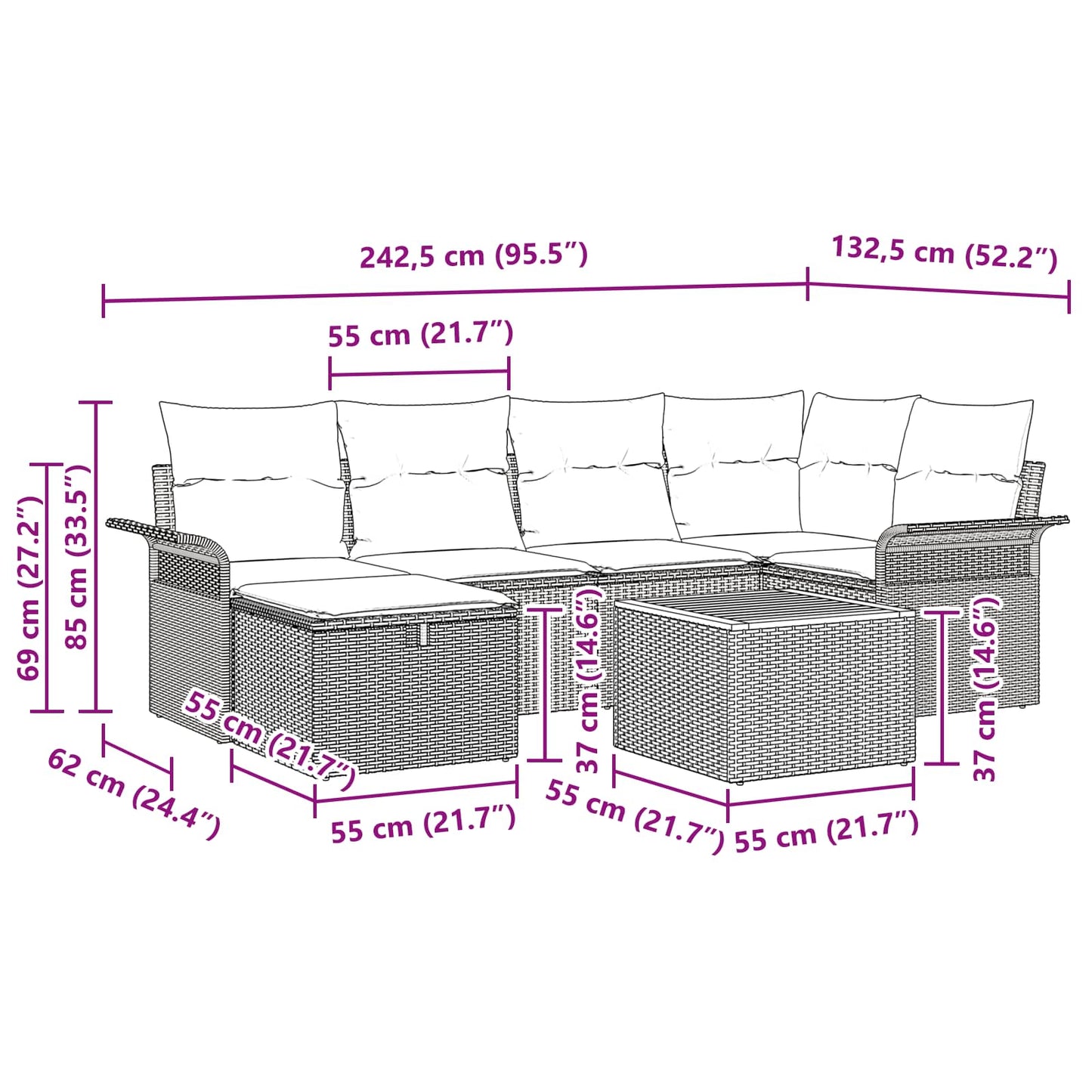 Kerti Kanapé Szett párnával tárolóval 7 pcs Szürke polirattan