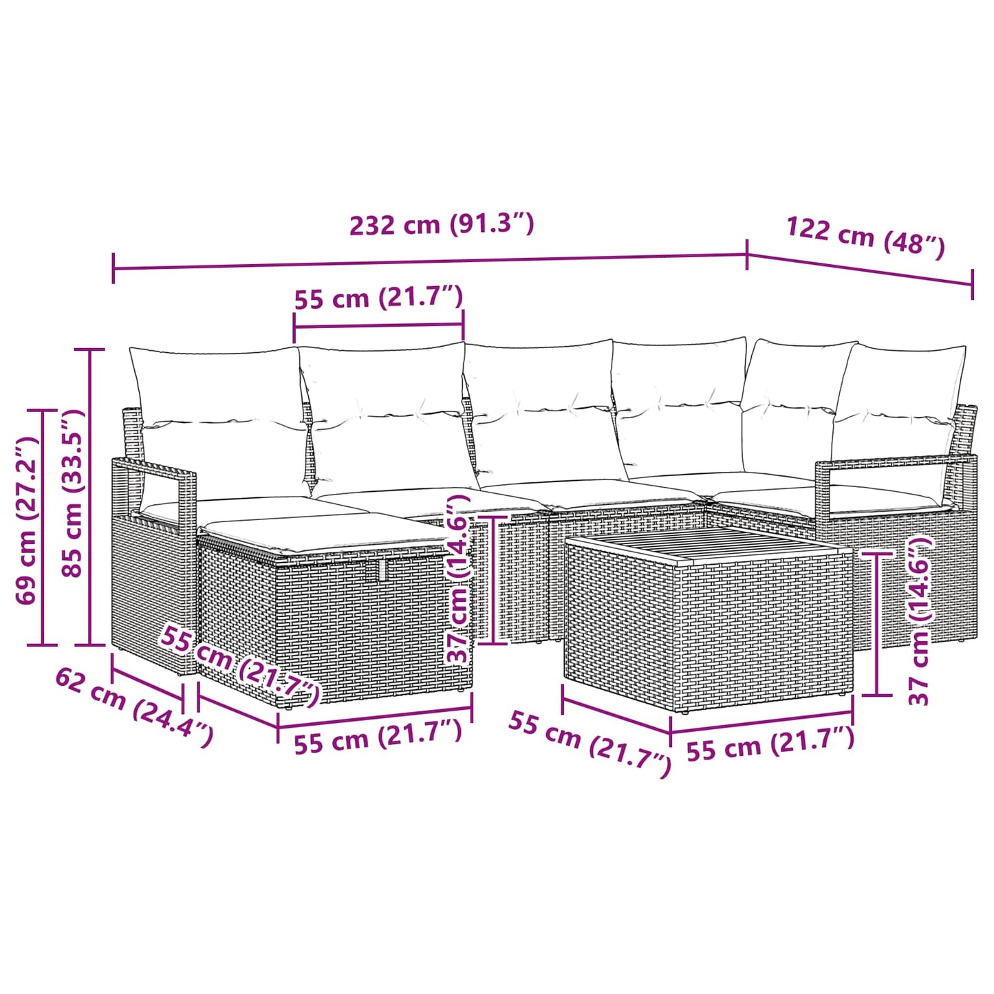 Kerti Kanapé Szett párnával tárolóval 7 pcs Szürke polirattan