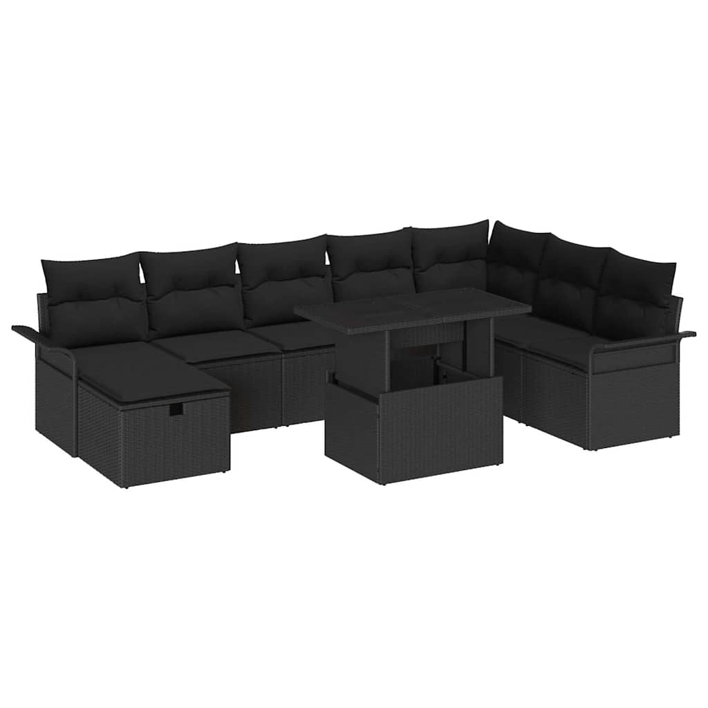 Kerti Kanapé Szett párnával tárolóval 9 pcs Fekete Poli rattan