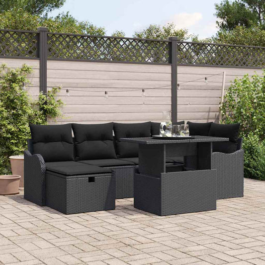 Kerti Kanapé Szett párnával tárolóval 7 pcs Fekete Poli rattan