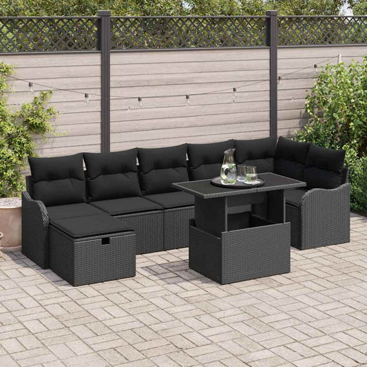 Kerti Kanapé Szett párnával tárolóval 8 pcs Fekete Poli rattan