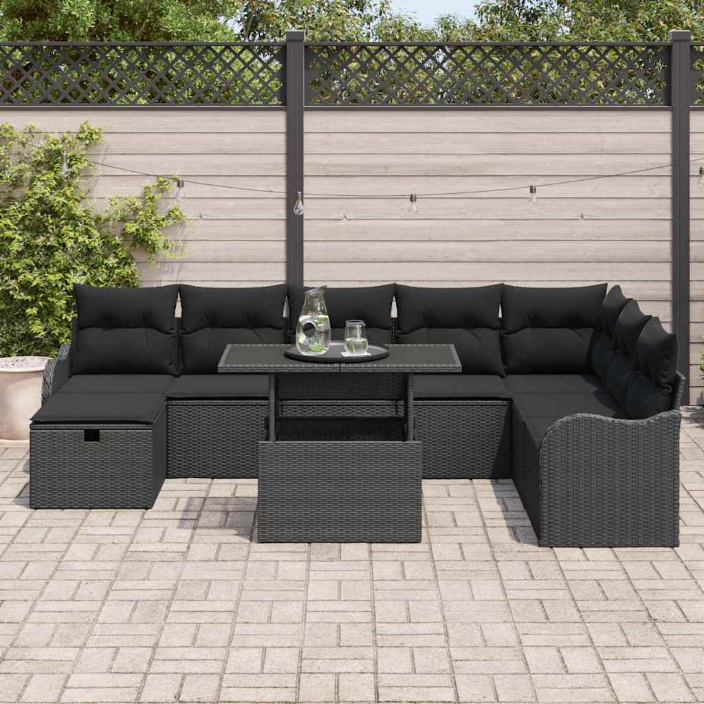 Kerti Kanapé Szett párnával tárolóval 9 pcs Fekete Poli rattan