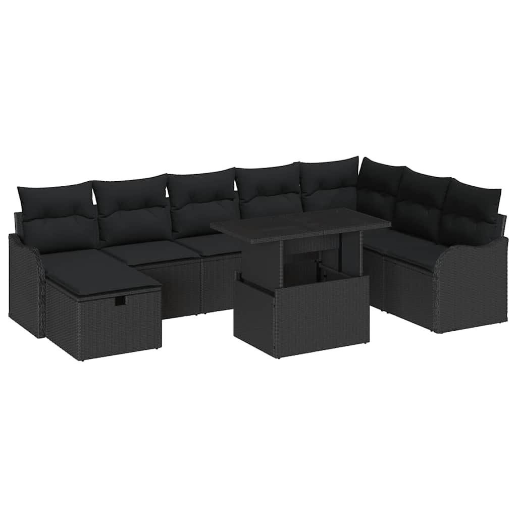 Kerti Kanapé Szett párnával tárolóval 9 pcs Fekete Poli rattan