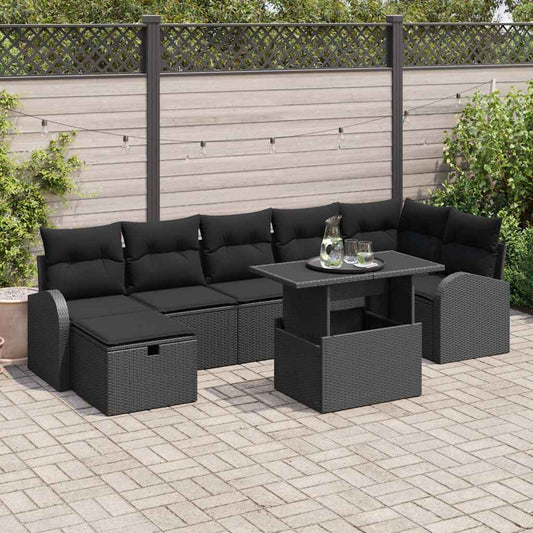Kerti Kanapé Szett párnával tárolóval 8 pcs Fekete Poli rattan