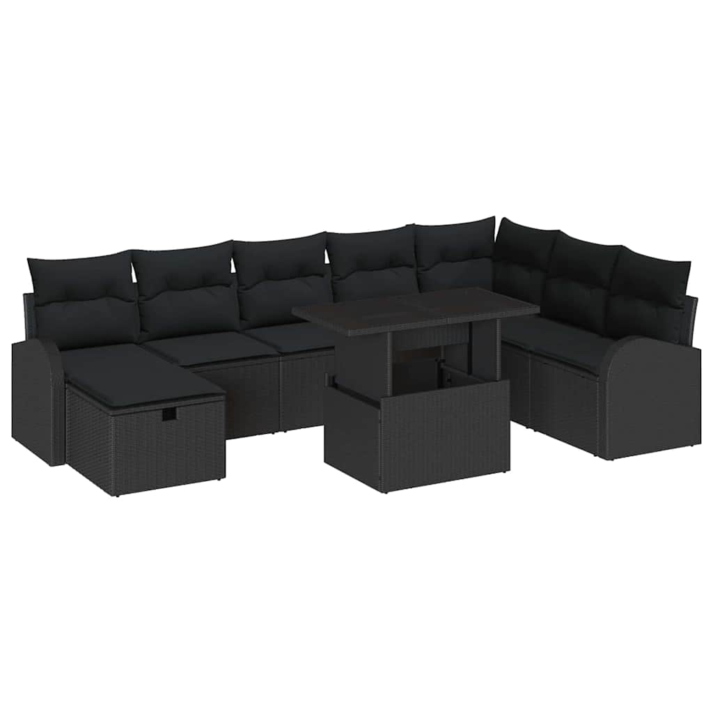 Kerti Kanapé Szett párnával tárolóval 9 pcs Fekete Poli rattan
