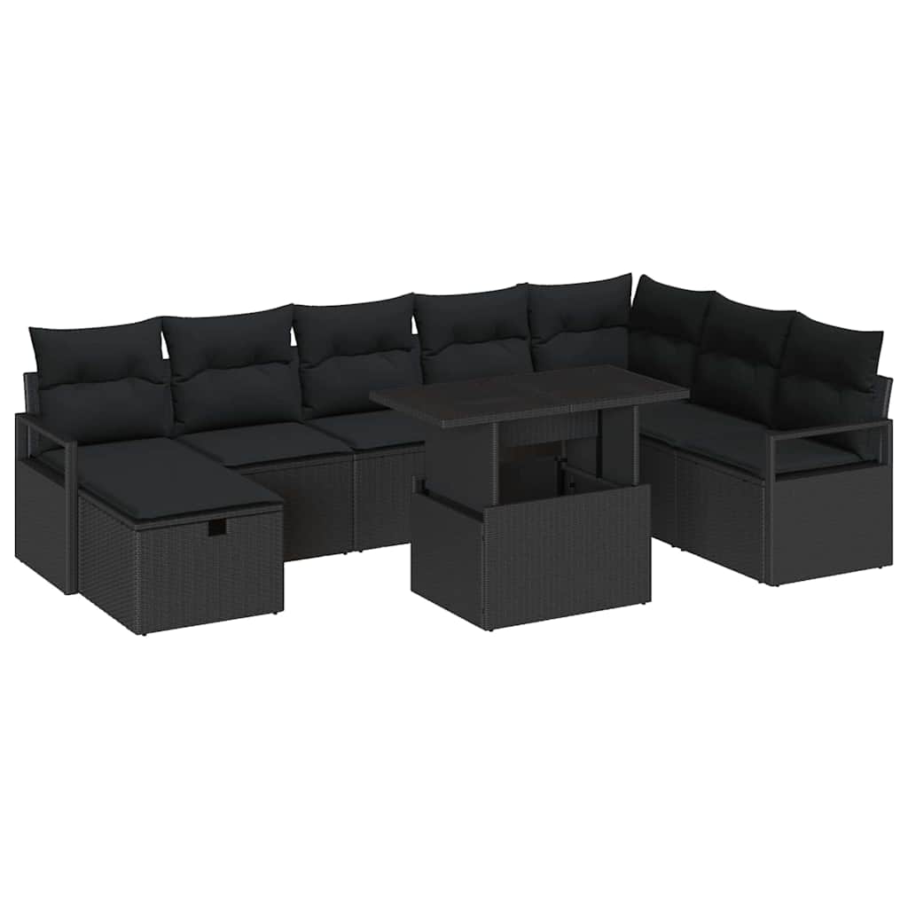 Kerti Kanapé Szett párnával tárolóval 9 pcs Fekete Poli rattan