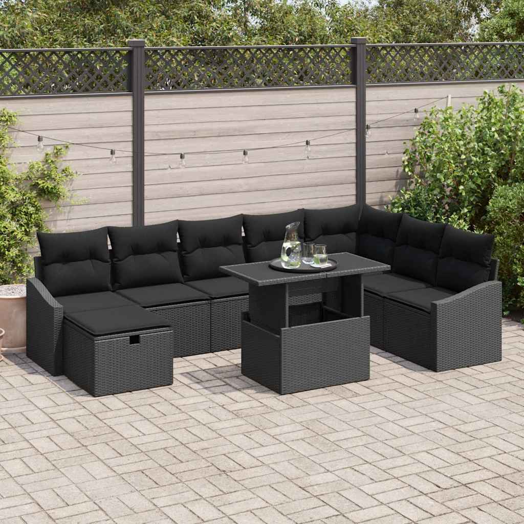 Kerti Kanapé Szett párnával tárolóval 9 pcs Fekete Poli rattan