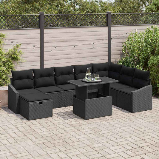 Kerti Kanapé Szett párnával tárolóval 9 pcs Fekete Poli rattan