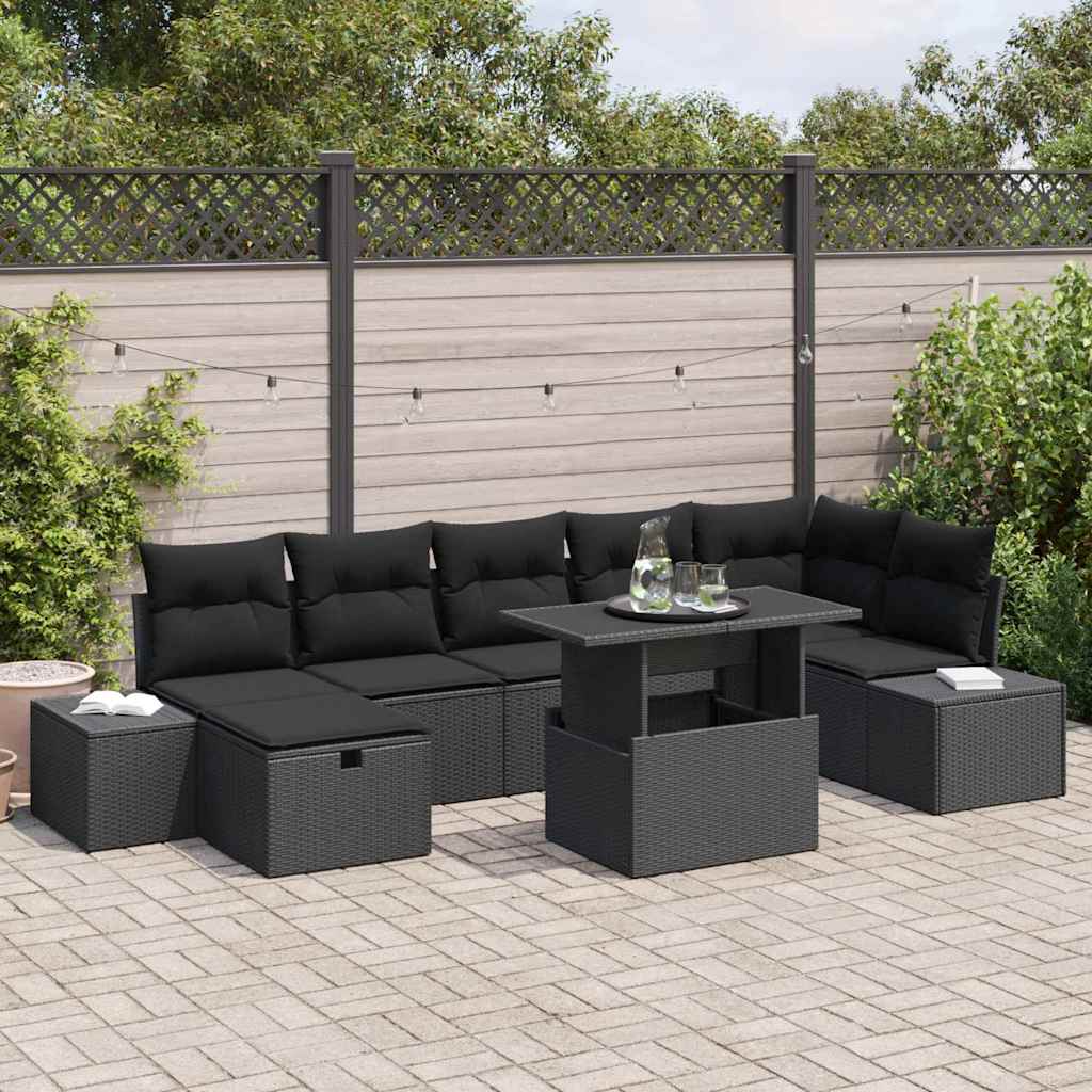 Kerti Kanapé Szett párnával tárolóval 8 pcs Fekete Poli rattan