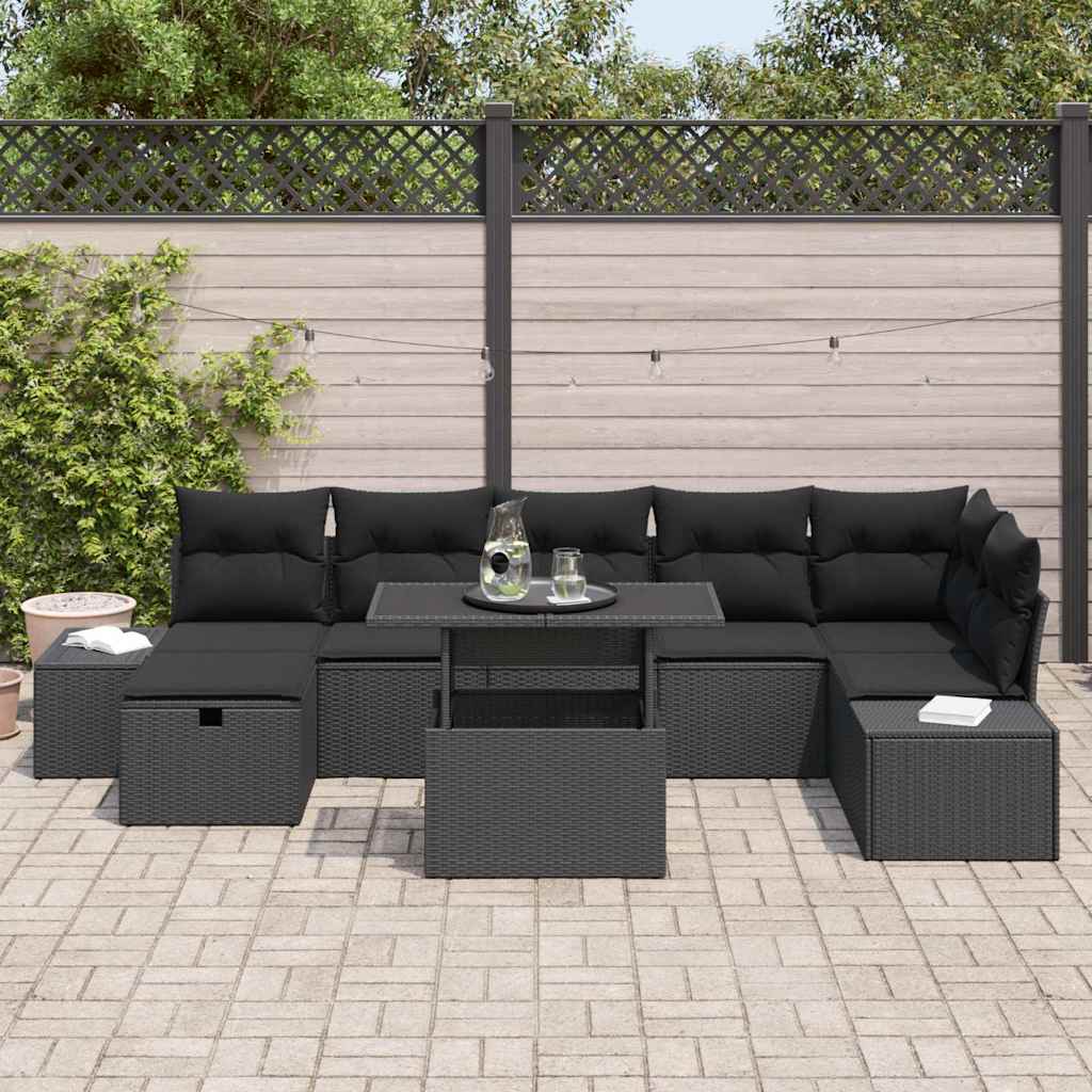 Kerti Kanapé Szett párnával tárolóval 8 pcs Fekete Poli rattan