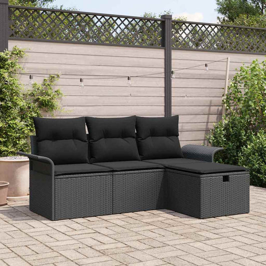 Kerti Kanapé Szett párnával tárolóval 4 pcs Fekete Poli rattan