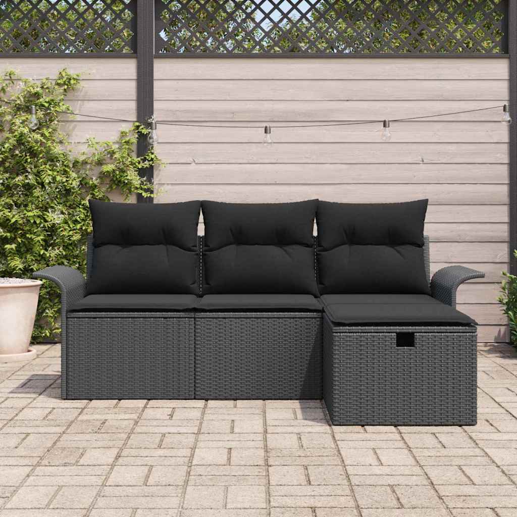 Kerti Kanapé Szett párnával tárolóval 4 pcs Fekete Poli rattan