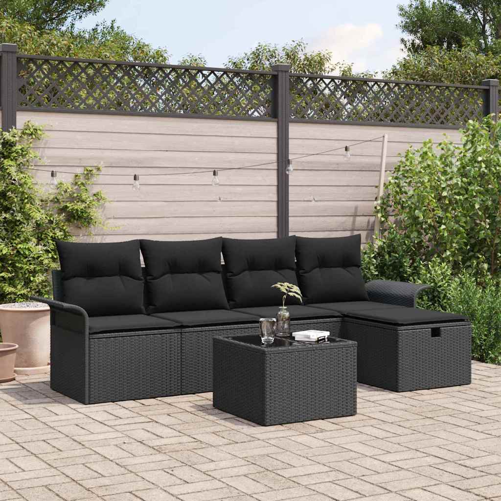 Kerti Kanapé Szett párnával tárolóval 6 pcs Fekete Poli rattan