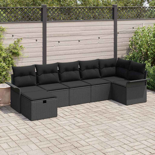 Kerti Kanapé Szett párnával tárolóval 7 pcs Fekete Poli rattan