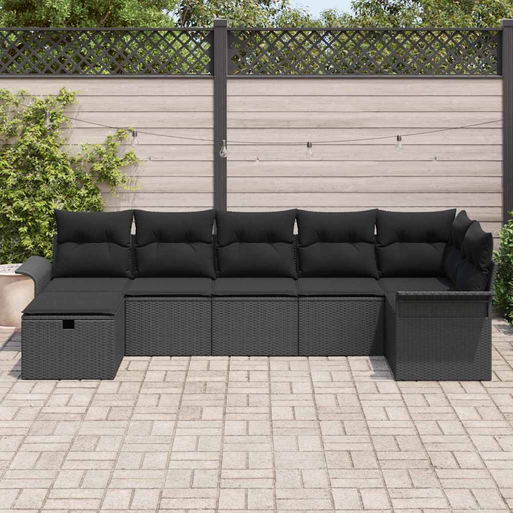 Kerti Kanapé Szett párnával tárolóval 7 pcs Fekete Poli rattan