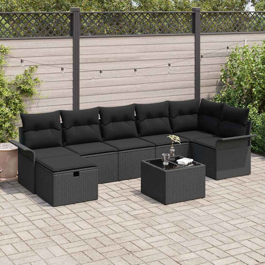 Kerti Kanapé Szett párnával tárolóval 8 pcs Fekete Poli rattan