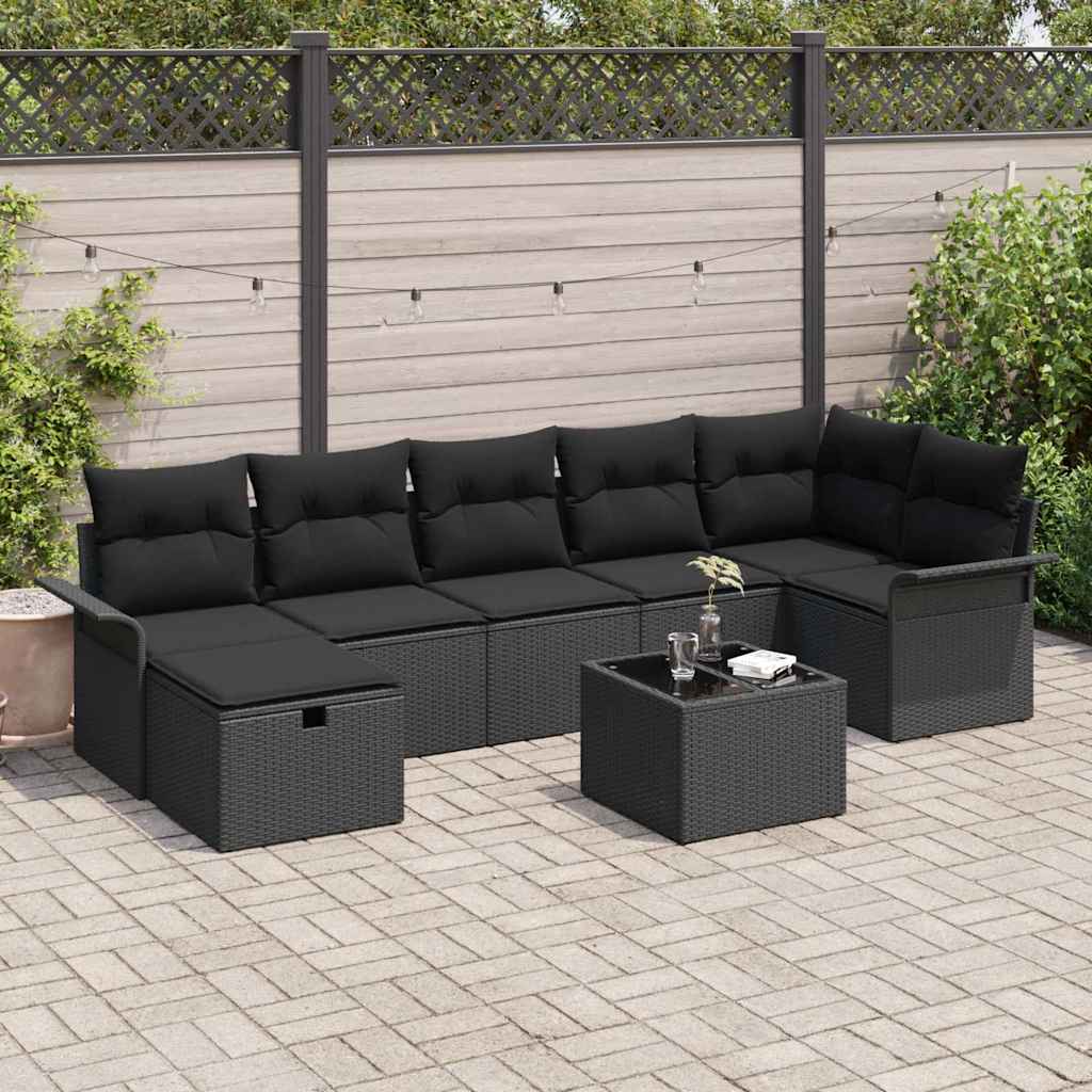 Kerti Kanapé Szett párnával tárolóval 8 pcs Fekete Poli rattan