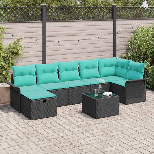Kerti Kanapé Szett párnával tárolóval 8 pcs Fekete Poli rattan