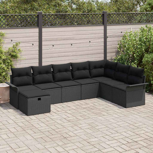 Kerti Kanapé Szett párnával tárolóval 8 pcs Fekete Poli rattan