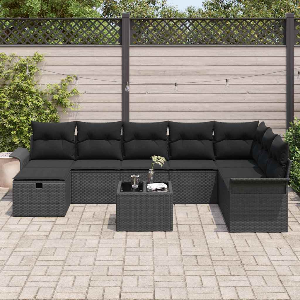 Kerti Kanapé Szett párnával tárolóval 9 pcs Fekete Poli rattan
