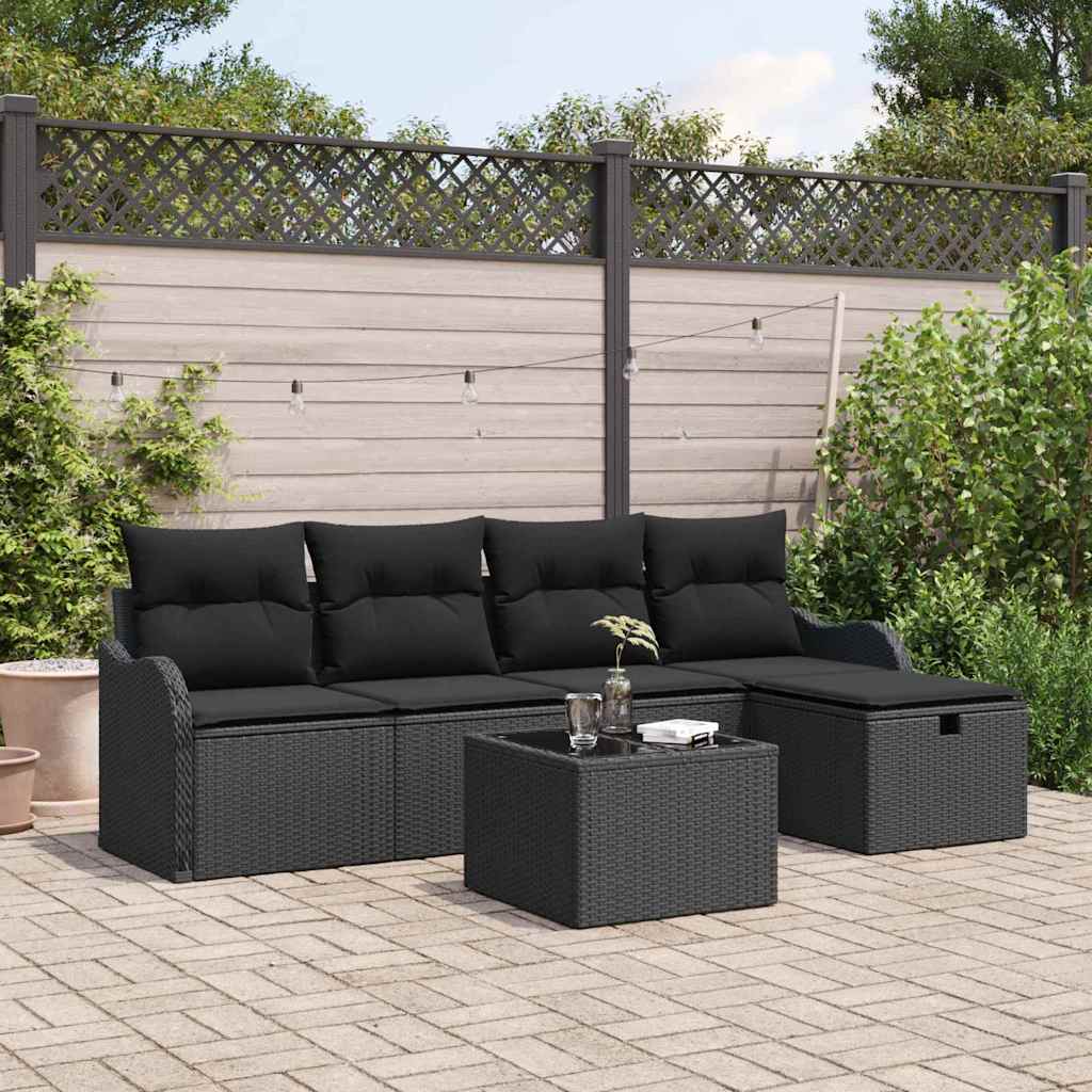 Kerti Kanapé Szett párnával tárolóval 6 pcs Fekete Poli rattan