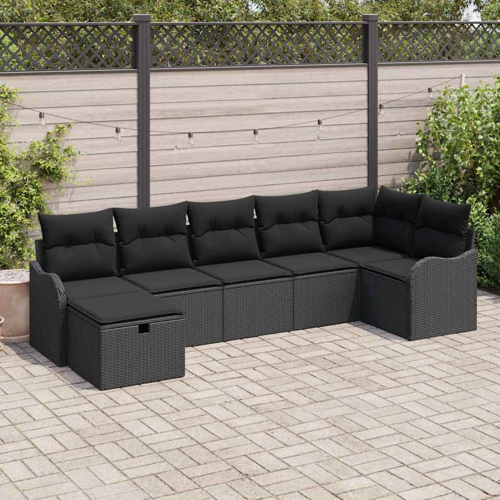 Kerti Kanapé Szett párnával tárolóval 7 pcs Fekete Poli rattan