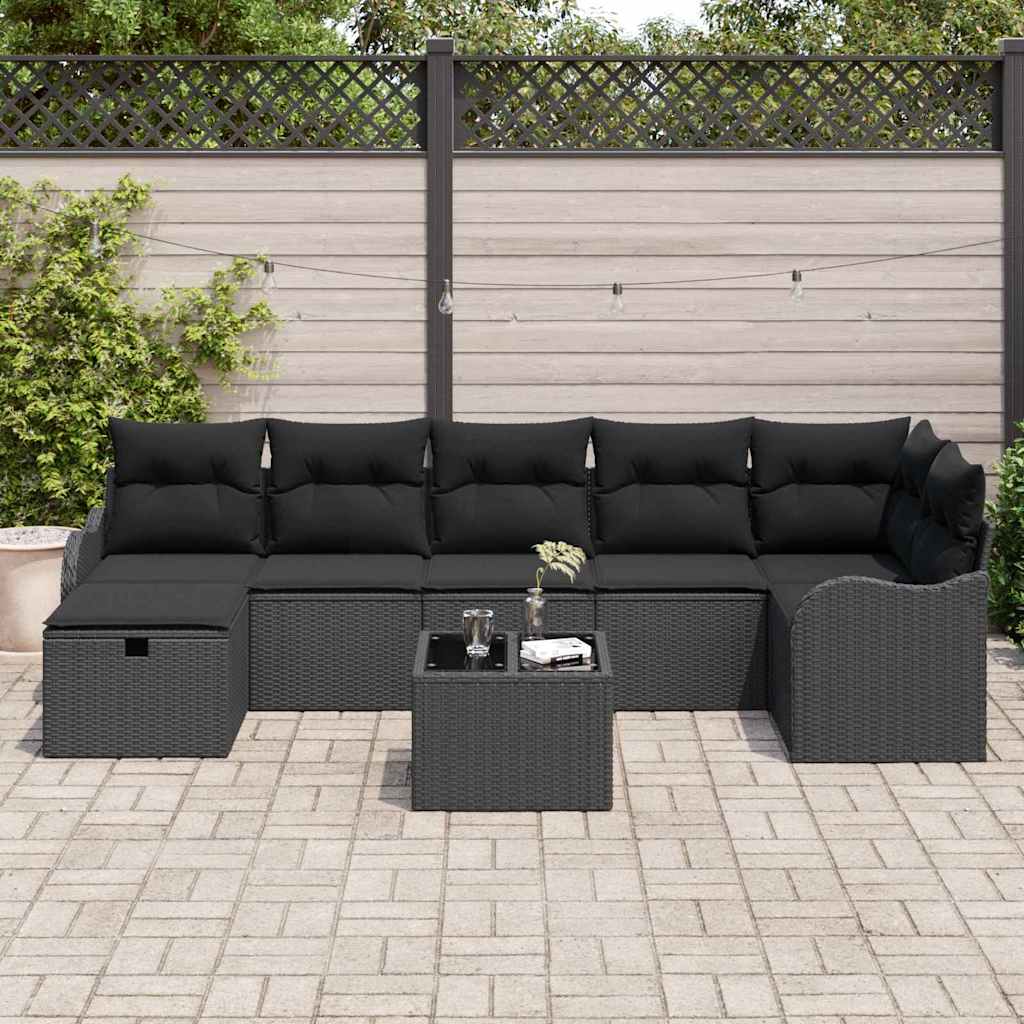 Kerti Kanapé Szett párnával tárolóval 8 pcs Fekete Poli rattan