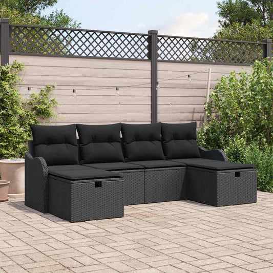 Kerti Kanapé Szett párnával tárolóval 6 pcs Fekete Poli rattan