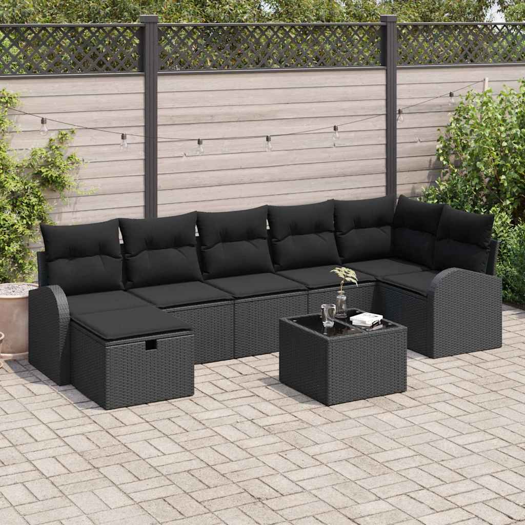 Kerti Kanapé Szett párnával tárolóval 8 pcs Fekete Poli rattan