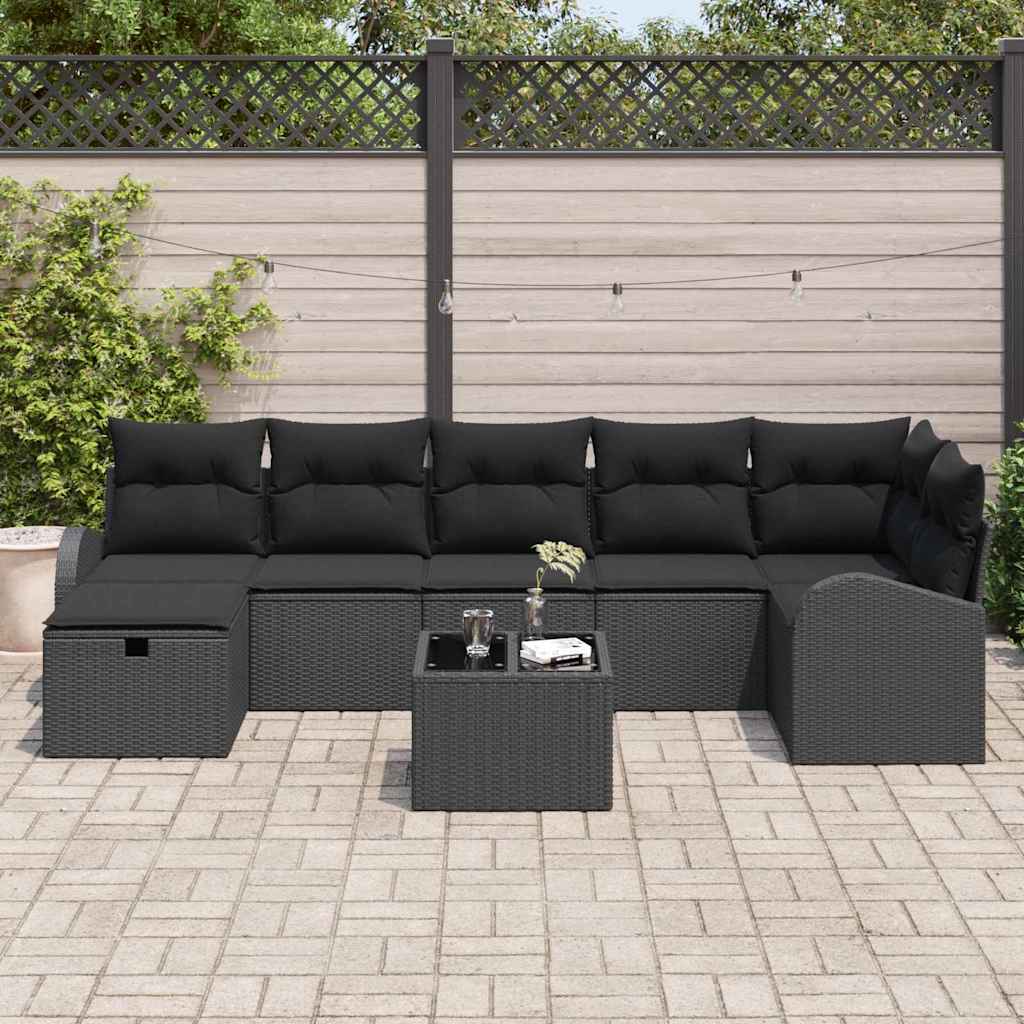Kerti Kanapé Szett párnával tárolóval 8 pcs Fekete Poli rattan