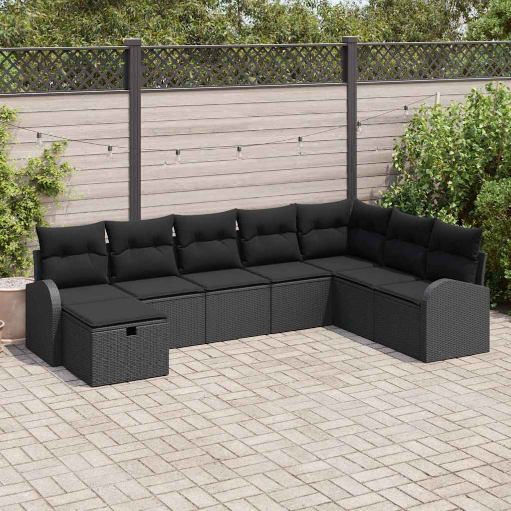 Kerti Kanapé Szett párnával tárolóval 8 pcs Fekete Poli rattan