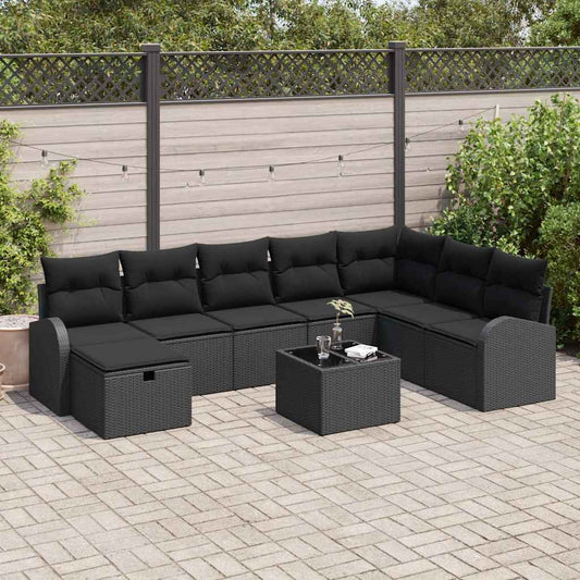 Kerti Kanapé Szett párnával tárolóval 9 pcs Fekete Poli rattan