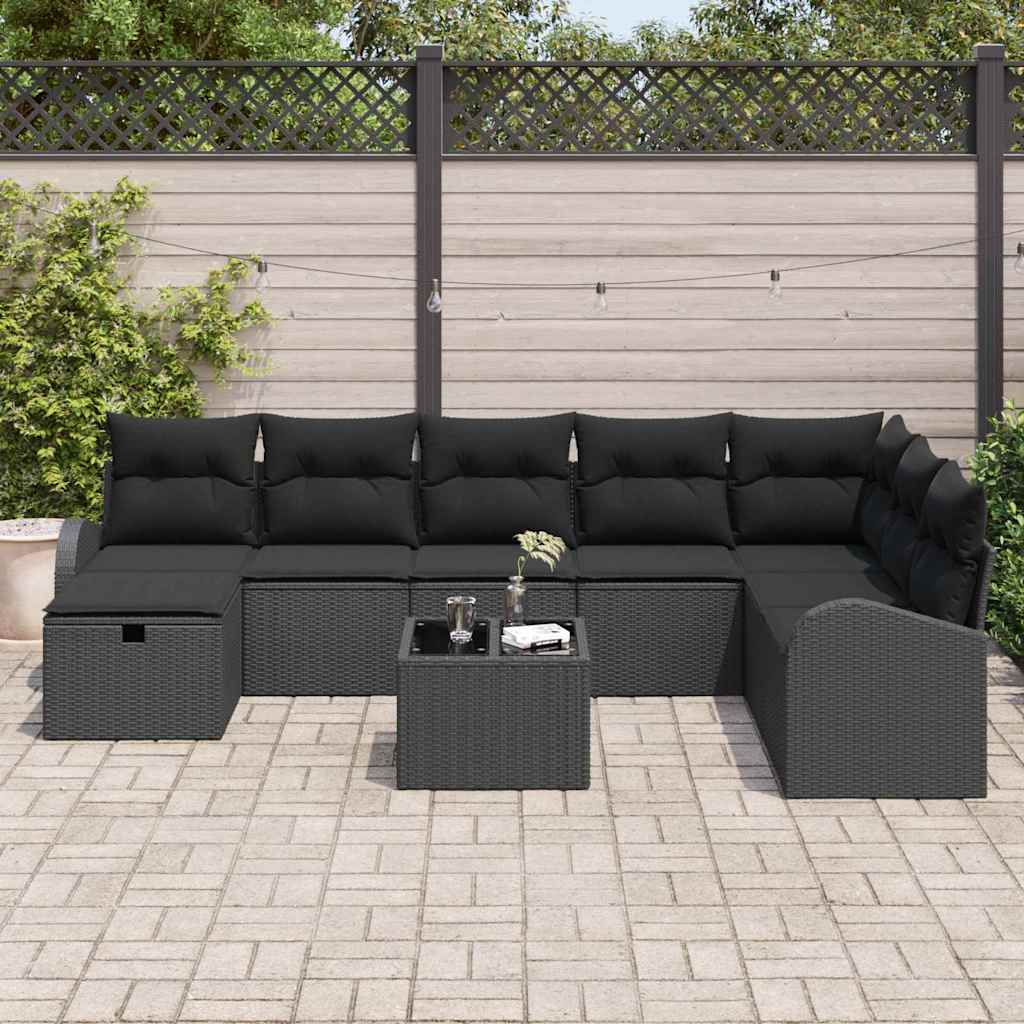Kerti Kanapé Szett párnával tárolóval 9 pcs Fekete Poli rattan
