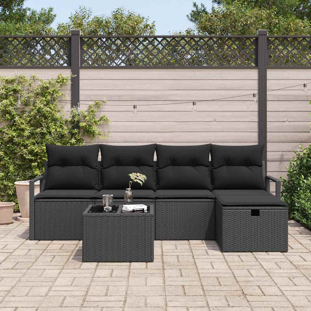 Kerti Kanapé Szett párnával tárolóval 6 pcs Fekete Poli rattan