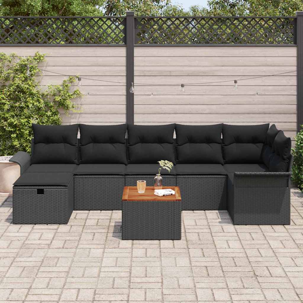 Kerti Kanapé Szett párnával tárolóval 8 pcs Fekete Poli rattan