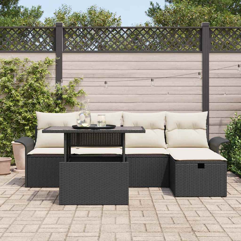 Kerti Kanapé Szett párnával tárolóval 6 pcs Fekete Poli rattan